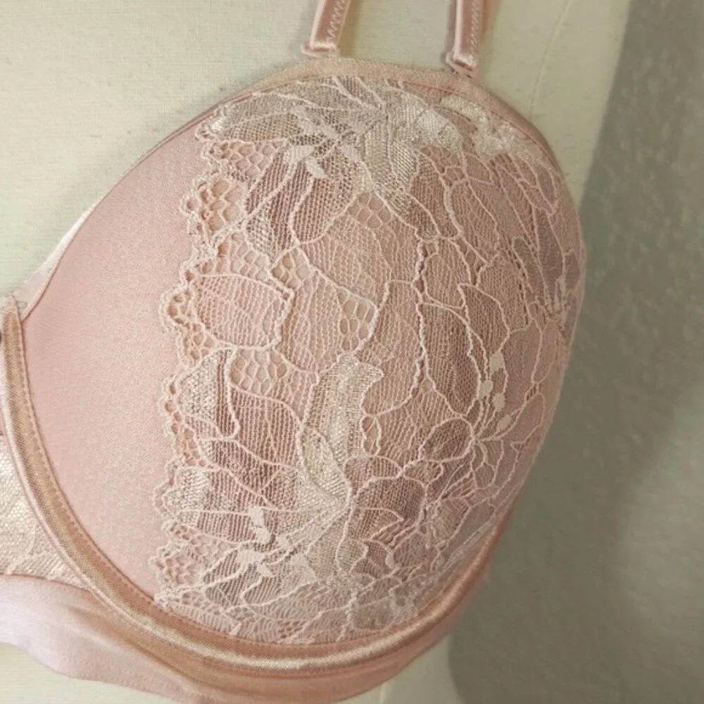 🌷Cacique 42D Strapless Bra Underwired Removable Straps Padded Pink Lace